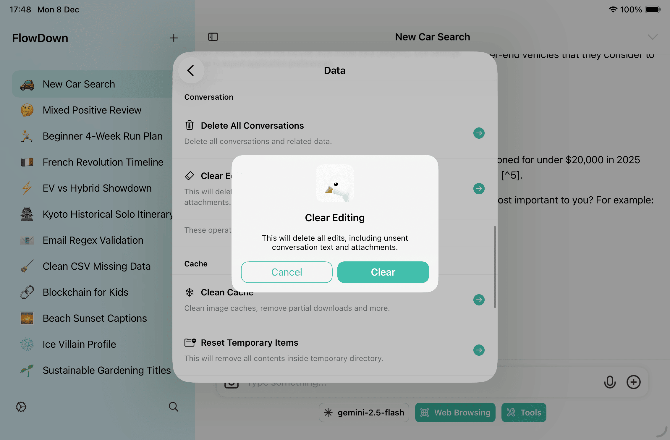 Reset confirmation dialog