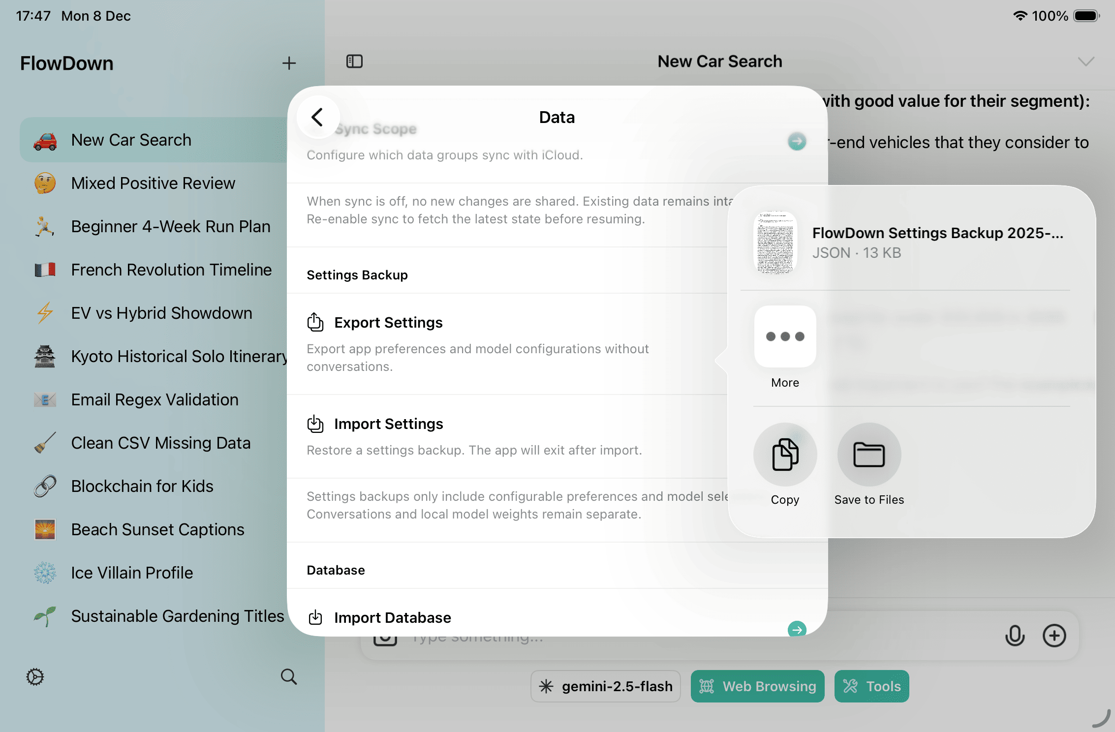 Export settings and backup menu